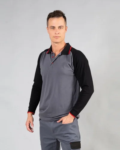 Polo Detroit manica lunga elasticizzata 95% cotone piping rifrangente