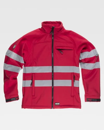 Giacca Workshell uomo, chiusura zip, riflettente, cotone RED