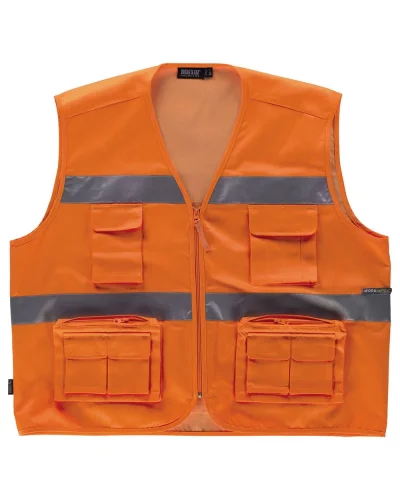 Gilet alta visibilità con multitasche riflettente zip ORANGE FLUO