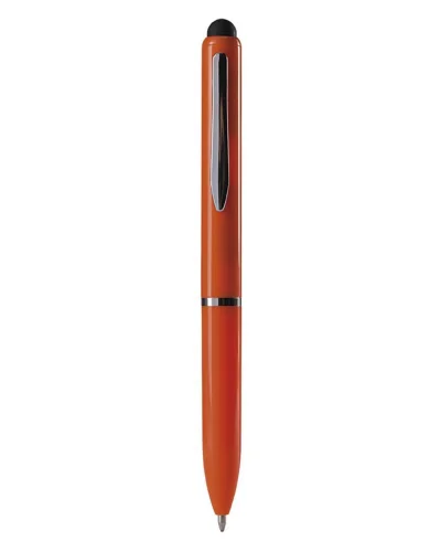 Penna a sfera touch screen plastica nera con clip metallo Arancione