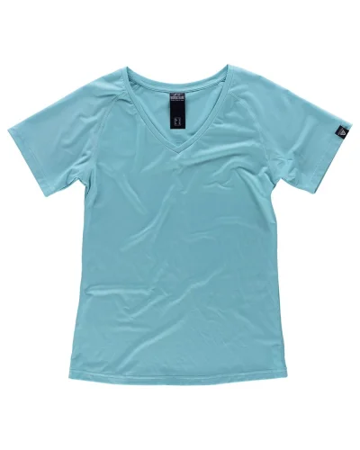 T-shirt sportiva donna , elasticizzata, collo V, riflettente TURQUOISE