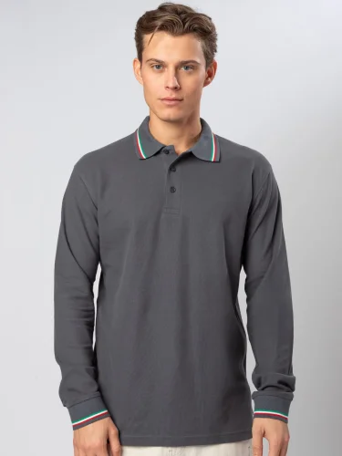 Polo Italy uomo manica lunga tricolore, 100% cotone piqué