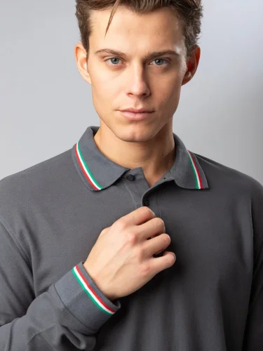 Polo Italy uomo manica lunga tricolore, 100% cotone piqué