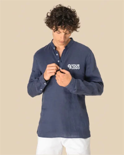 Camicia uomo con collo alla coreana slavata in lino