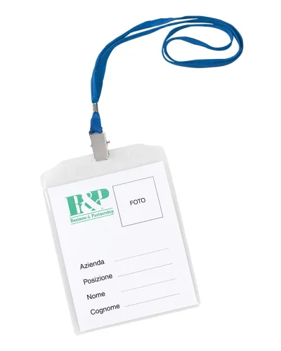 Portabadge PVC trasparente con nastrino e clip nichelata, 9,3x12,5