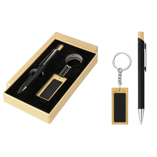 Set regalo penna e portachiavi in alluminio e bamboo zara