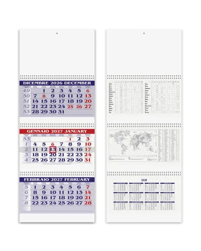 Calendario trittico 3 spirali lusso 31x86 cm carta naturale 2027