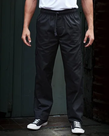 Pantaloni da cuoco Chefline neri, elastico e tasche porta telefono