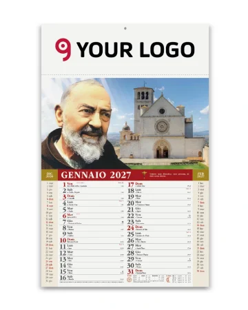 Calendario mensile San Pio 2027, 12 fogli, 29x47cm, carta patinata