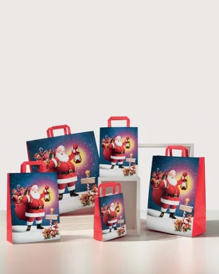 Shopper Natale Monopatinato Carta 32x45cm Rosso Maniglia Piatta