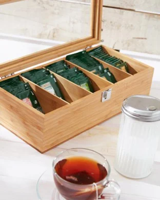 Porta Tè TEA LOUNGE in Bambù Naturale 5 Scomparti con Vetro
