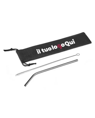 Kit cannuccia inox con spazzolina in borsa TNT - Silver, 21cm
