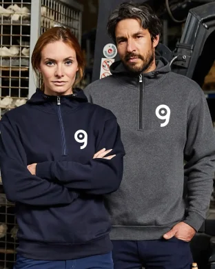 Bio Workwear Felpa Half Zip Unisex, Cappuccio Regolabile, Grigia