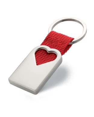 Portachiavi metallo satinato cuore rosso con fascetta tela